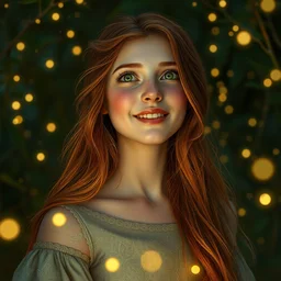 young woman, smiling amazed, surrounded by firefly lights, full covering intricate detailed dress, amidst nature, long red hair, precise linework, accurate green eyes, small nose with freckles, beautiful smooth oval shape face, empathic, expressive emotions, dramatic lights, hyper realistic ultrafine art by artemisia gentileschi, jessica rossier, boris vallejo