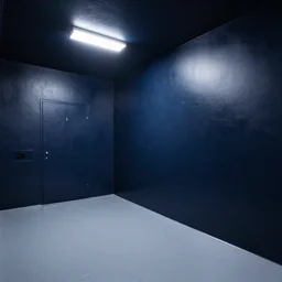 photo taken of underground lab room, dark blue and black, clean, walls are made of dry wall, shiny floors