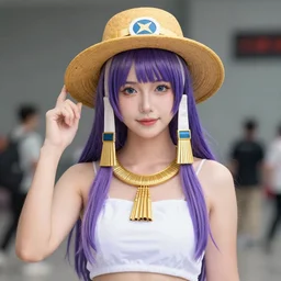 Young woman cosplaying as Nefertari vivi from one piece, photography, sharp focus, highly detailed, 4k