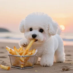 a photorealistic photograph of a knitted white bichon puppy eating basket of french fries during sunset at the beach Trending on artstation, featured on Behance, well-rendered, Unreal Engine, 4K HD