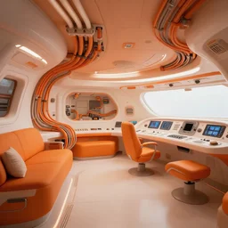 realistic cinematic sci - fi mothership interior cabin cockpit orange and white minimalist design comfortable classy luxury - machinery, tubes wires path matte painting masterpiece warm tones quiet