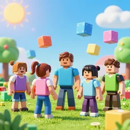 highly detailed 3d render of playful kids interacting with roblox figures outside in the sun, box shapes floating all over, bright colors, octane render, insane quality, 8k, 4k, trending, artstation