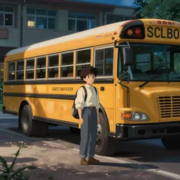 waiting for the school bus outside the school evening, hayao miyazaki, artstation