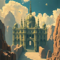 a painting by john harris, barlowe wayne, maxfield parrish, gustave dore and marco mazzoni. a gaint palace in geometric shape suspended in the void. hyper detailed.