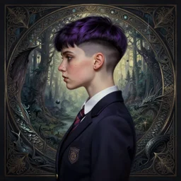 side portrait rugged girl, witch school uniform, fantasy forest landscape, dragon scales, fantasy magic, undercut hairstyle, short purple black fade hair, dark light night, intricate, elegant, sharp focus, illustration, highly detailed, digital painting, concept art, matte, art by wlop and artgerm and greg rutkowski and alphonse mucha, masterpiece