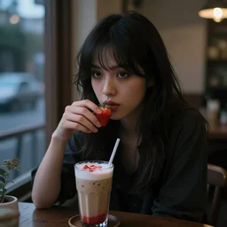 dslr photo of a pretty, mysterious coffee shop girl, sitting across the room, drinking a strawberry iced latte, dim light, dusk, artgerm, artstation, very high quality face, intricate details, extremely high quality, moody lighting, real camera, 8 k