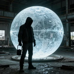 a stalker with a detector in his hand from the game s.t.a.l.k.e.r stands next to a large translucent luminous sphere in an abandoned factory, realistic art
