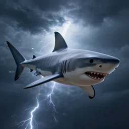 Flying cyborg shark in a thunderstorm, dramatic lighting raytracing render, unreal engine 4, teeth are clearly visible