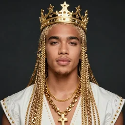 photograph of gigachad wearing a crown and gold chains