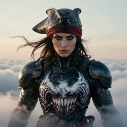 symmetry!! closeup! of a pirate samurai girl, cyborg venom armor, in clouds, cinematic light, windy, sunrise, by gerald brom, by mikhail vrubel, by peter elson, muted colors, extreme detail, trending on artstation, 8 k