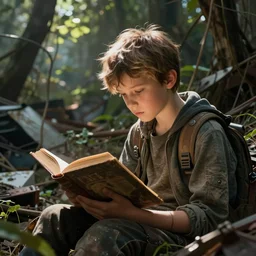 an intricate concept painting of a boy reading an old book in the middle of a junkyard undergrowth, style ivan talavera and artgerm, radiant lighting, hyper realistic, photorealisitc, octane render, artstation, cgsociety, cinematic light, global illumination, sci - fi