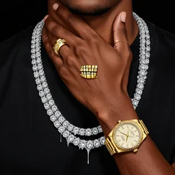 a matte painting of miles morales, dripped out, diamonds, diamond chain, gold rings, gold watch, stylish, gold grill by sachin teng