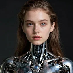 close - up portrait of beautiful young woman with cybernetic dress, art by irina ionesco