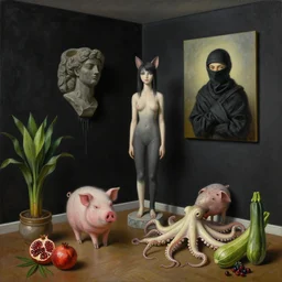 realistic painting of a tidy female artist's apartment, black dripping walls, tall emo catgirl, stone sculpture, a pig, a ninja inside a painting on black walls, pomegranate, bromeliads, ivory, octopus, a courgette, berries, zen, sensual, surrealist painting by magritte and rousseau and kahlo