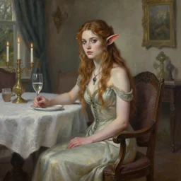 A female archfey from the Feywild sitting in the dining room alone, 4k resolution, oil painting, highly detailed