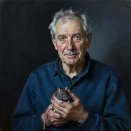A portrait of an old man holding a rat in his hand, dark, blue light, black gradient background, oil painting