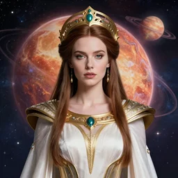 portrait of the powerful queen of the solar system in the style of anna dittmann and in the style of wayne barlowe. glowing, ornate and intricate, stunning, dynamic lighting, intricate and detailed.