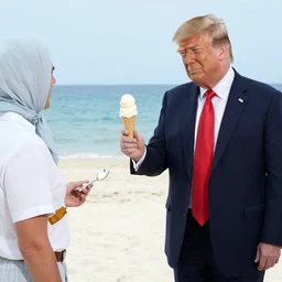 jean Claude van Damme serves ice cream to donald Trump at the beach