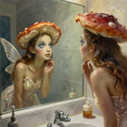 creepy beautiful mushroom fairy in the bathroom mirror looking back at you, ultra - realistic fantasy painting in the style of salvador dali and ida outhwaite, trending on artstation