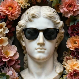 close up marble statue of head wearing sunglasses and surrounded by flower compositions on all sides