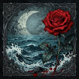 horror and blood and rose with sea and ocean intricate details by Sandra Chevrier