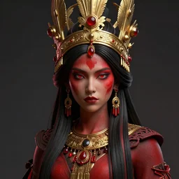 beautiful detailed 3 d matte painting of female empress of dark and light, indigenous, tribal, mononoke, wearing a golden crown, with intense red, by karol bak, easo andrews