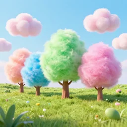 Colorful fluffy trees in a meadow and cotton candy clouds, octane render, volumetric lighting, 4K