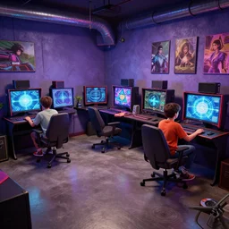two boys playing game at a spacious gaming room, hi - tech gaming setup, highly detailed interior rendering, 1 9 8 0 s, unreal engine, art by howard arkley