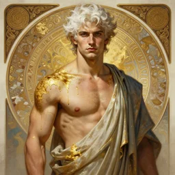 painted portrait of rugged young colin farrell as gambit by greg rutkowski craig mullins artgerm alphonse mucha, messy dripping gold, white hair handsome muscular upper body mature flowing robe [ ancient greek motifs ] background fantasy intricate elegant detailed digital painting concept art artstation sharp focus illustration