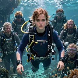 detailed ultrarealistic photography front medium shot of waterworld, postapocalyptic, scifi cyberpunk scubadiver, emma watson, leyendecker, norman rockwell, greg rutkowski, moebius, artstation cinematic, vray game of thrones, lord of the rings