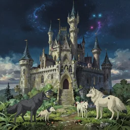 wolves and their treasures - fantasy castle in astral landscape, trending on artstation, illustration, digital painting, highly detailed render by studio ghibli