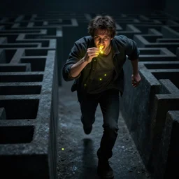 Realistic photograph of a psychotic man running through a darklight maze, picking up glowing yellow pills and eating them. Trending on artstation.