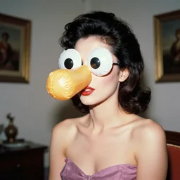 glamorous woman with an inflatable spherical prosthetic nose, circular cardboard cartoon eyes, 1 9 7 2, color, chantal akerman, medium - shot 1 6 mm film, interior