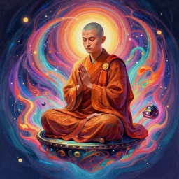 a floating monk praying, channeling swirling energy, wearing netrunner clothing, vaporwave aesthetic, colorful, psychedelic, digital painting, artstation, concept art, smooth, sharp focus, illustration, art by artgerm and greg rutkowski and alphonse mucha