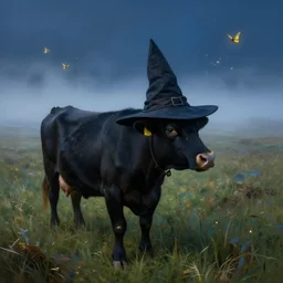 a detailed matte landscape painting of a cow standing in a grassy field wearing a witch hat, cow wearing hat!!!! viewed in profile, fog and flying glowing moths in the background, ultrawide lens, aerial photography, black and blue color scheme with gold highlights, in the style of discworld and harry potter, 8 k, octane render