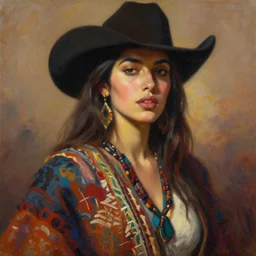 detailed portrait in daring femininity, western ethnic, statuesque, confident realistic face, warm glow, bathed in morning light, chiaroscuro, painterly, radiosity, impressionism, textiles color medley, warm earthy natural color scheme with contrasting highlights, modern fashion, contemporary art, deep rich hues, oil on canvas