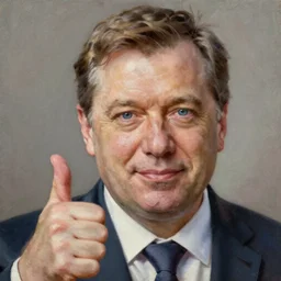viktor orban with highly detailed face showing a thumbs up, oil painting