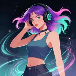 a award winning half body portrait of a beautiful woman with stunning eyes in a croptop and cargo pants with ombre purple pink teal hairstyle head in motion and hair flying listening to music with headphones on her ears by thomas danthony, surrounded by whirling illuminated lines, outrun, vaporware, shaded flat illustration, digital art, trending on artstation, highly detailed, fine detail, intricate