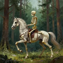 a really beautiful digital painting of a skeleton riding a skeleton horse through a pine forest