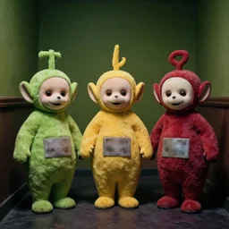 ultra realistic worn out teletubbies, backrooms, low key, cinematic shot, liminal space, fujicolor sample