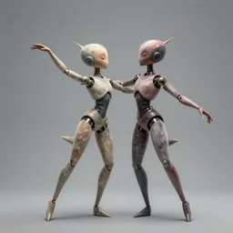 Two humanoid creatures fused at the shoulders dancing on their pointy limbs. Award-winning digital art, trending on ArtStation