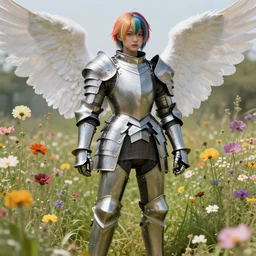 a masterpiece hyperrealistic ultradetailed fullbody photograph of a lifelike real human anime girl in full steel plate armor, surrounded by wildflowers, gorgeous angel, vibrant lgbt hairs, rough skin texture, photoreal image, in the style of wlop, photoreal, overrendered, blender, unreal engine, extremely detailed, trending on artstation, sharp focus, 4 k