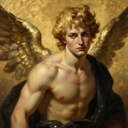 painted portrait of ruggedly handsome cupid by gaston bussiere greg rutkowski, greek god [ blonde hair ] focused on face, muscular physique masculine manly young, black clothes fantasy intricate elegant detailed digital painting concept art artstation sharp focus illustration gold paint