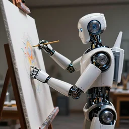 robot painting in a studio. photorealistic. intricate details. 3 5 mm photograph. dramatic lighting. action shot. absolute focus. masterpiece.