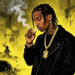 wiz khalifa smoking, black, yellow, a storybook illustration by dong kingman, featured on pixiv, nuclear art, dystopian art, apocalypse art, digital illustration