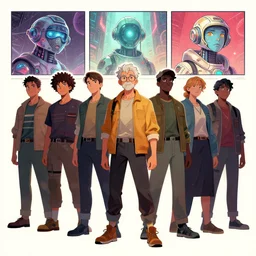 a group of people standing next to each other, a comic book panel by senior character artist, featured on polycount, afrofuturism, official art, artstation hq, poster art,