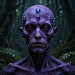 dark zombified violet human with highly detailed blue and red jewels laid in his skin. neutral facial expression, no blood. head and shoulders'shot. dark background is an organic rainforest. digital art. 4 k octane render.