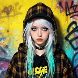 highly detailed portrait of a sewer punk lady student, blue eyes, tartan hoody, hat, white hair by atey ghailan, by greg tocchini, by kaethe butcher, by alex horley, by bruce timm, gradient yellow, black, brown and cyan color scheme, grunge aesthetic!!! ( ( graffiti tag wall ) )