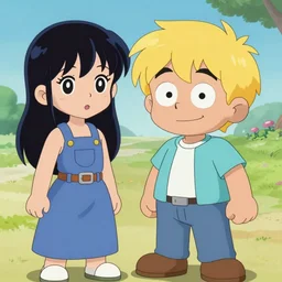 the dumbest boy in history, blond boy, 2 0 0 0 s cartoon, sharp edges cartoon, goofy cartoon, unfitting anime girl meets the boy, anime girl and cartoon boy, western artstyle and eastern artstyle clashing badly