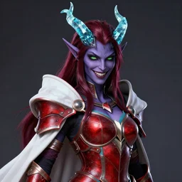 masterful dylan kowalski style portrait, female demon warrior, dark lavender skin, straight translucent crystal aquamarine horns, shiny dark blood red hair, shifty lime green eyes and a playful fanged smile wearing teal lined crimson plate armor and a white cape with red lining, highly detailed masterpiece, dnd, dungeons and dragons, magic, artstation trending, 8 k, octane render